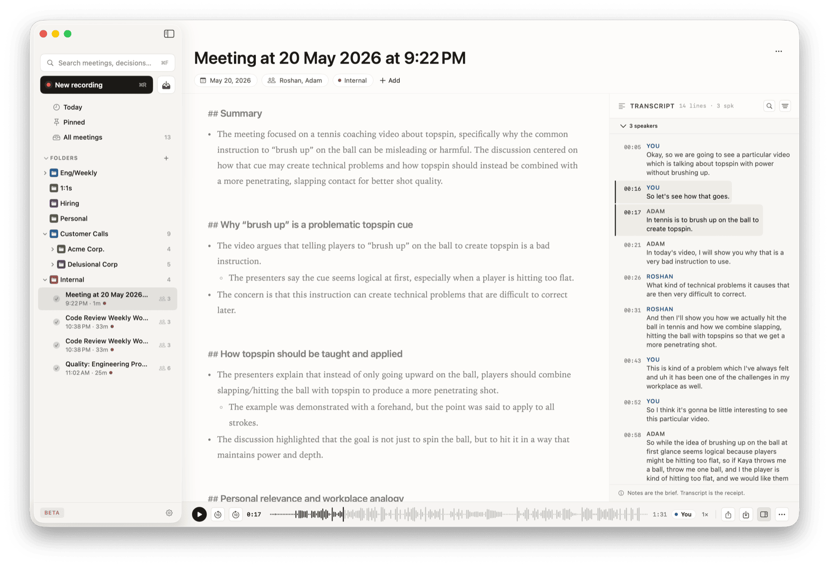 The speechmark main window: a meeting turned into a clean editorial note with summary, decisions, and a synced transcript.